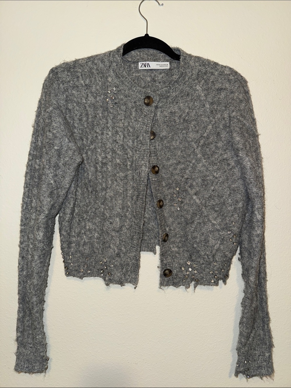 ZARA Gray Knit Button-Up Cardigan with Embellishments